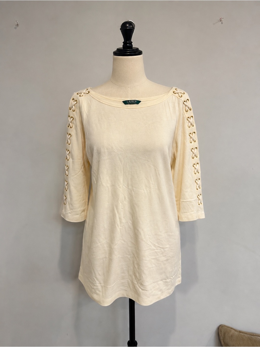 Ralph Lauren Cream Lace-Up Sleeve Scoop Neck Long Sleeve Tee